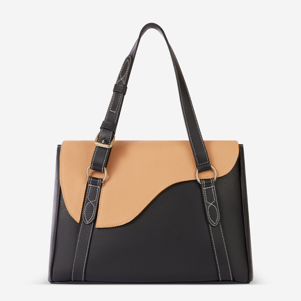 Oughton's Paddock Lux Shoulder Bag in Pebbled Leather - black and tan